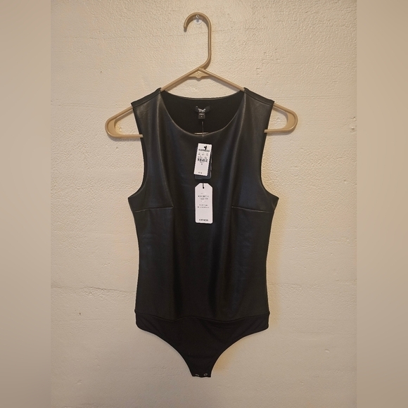 Express Bodycon Faux Leather High  Neck Bodysuit Black - Picture 12 of 12